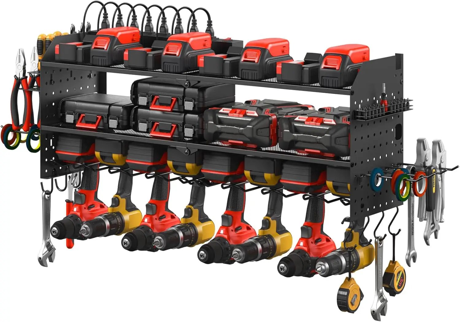 JUNNUJ Large Pegboard Power Tool Organizer with Charging Station, 8 Drills Driver and Tools Battery Holder Wall Mount with 8 Outlet Power Strip, Black 3-Layer Shop Garage Storage Utility Rack by GreenHaven Gardens
