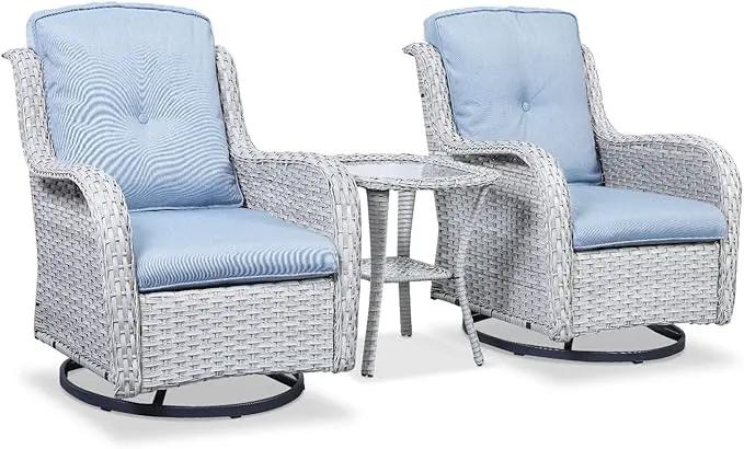 Outdoor Patio Swivel Rocker Chairs - 3 Piece Patio Bistro Set,Wicker Patio Furniture Set with 2 Swivel Rocking Chairs and 1 Glass Top Side Table for Deck Porch Garden,Light Grey/SkyBlue by GreenHaven Gardens