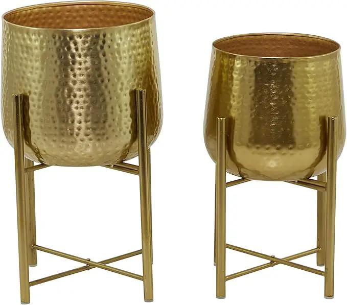 CosmoLiving by Cosmopolitan Metal Indoor Outdoor Planter Deep Recessed Hammered Dome Large Planter Pot with Removable Stand, Set of 2 Planters 17", 19"H, Gold by GreenHaven Gardens