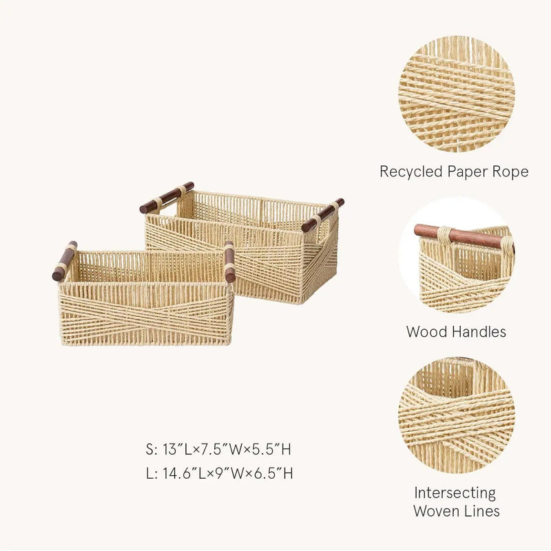 LA JOLIE MUSE Wicker Storage Baskets for Organizing, Recyclable Paper Rope Basket with Wood Handles, Decorative Hand Woven Basket Organizers for Makeup Books Shelves Living Room, Beige, Set of 2 by GreenHaven Gardens