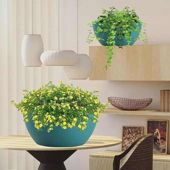 13 inch Large Hanging Planters Plant Pots for Outdoor Indoor Plants with Drainage Holes and Chain, 2 Pack Round Hanging Flower Pots for Garden Home Porch Decor, Blue Green by GreenHaven Gardens
