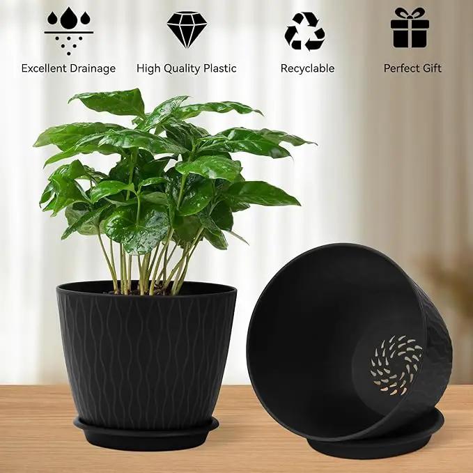 Plant Pots – 6 Inch Planters with Drainage Holes and Saucers, Flower Pots for Indoor and Outdoor Plants, Nursery Planting Pots (Pack of 5, Black) by GreenHaven Gardens