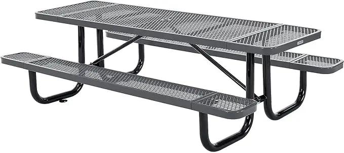 Global Industrial 8’L Rectangular Picnic Table, Expanded Metal, Gray Thermoplastic Coating, Attached Benches, 1-1/2” Umbrella Pole Hole, Outdoor-Rated, 1000 lb Capacity, 96” x 30” Tabletop by GreenHaven Gardens