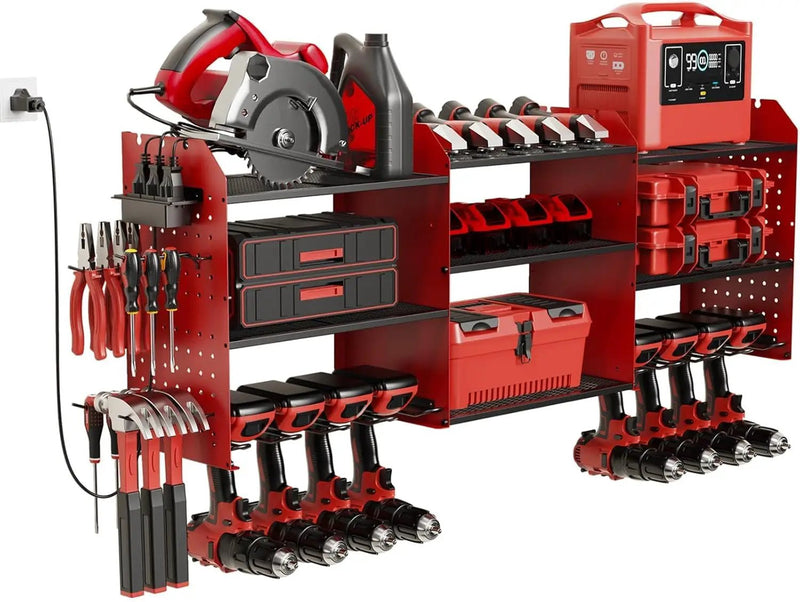 Power Tool Organizer with Charging Station Wall Mount, 3 Layer Expanded Heavy Duty Garage Organization, 45.5 Inch Length Garage Tool Storage, 8 Drills, 2 Assemble Method, Red by GreenHaven Gardens