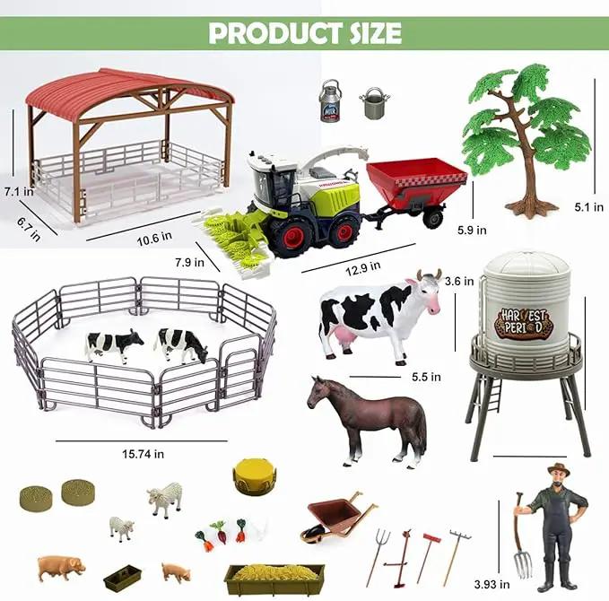 Farm Animals Toys Set Barn Toy Combine Harvester Tractor with Trailer Horse Stable Grain Bins Horse Cow Farmer Figures Fence Playset for Kids Toddlers Boy Girl 3-7 Years Old by GreenHaven Gardens