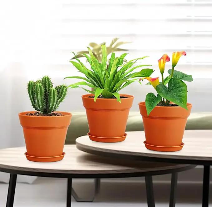 4 inch Small Plastic Nursery Pots, 16 Pack Plant Pots for Indoor Outdoor Plants, Flower Pots with Drainage Holes and Saucers, Decorative Seedling Starter Planters for House Plants, Terracotta by GreenHaven Gardens