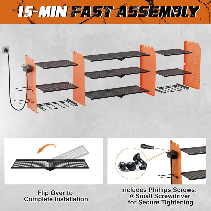 Power Tool Organizer Wall Mount, Expanded Width Garage Storage 3 Layer Heavy Duty Power Tool Storage Rack, 45.5" Battery Tools Holder with Charging Station Shelf by GreenHaven Gardens
