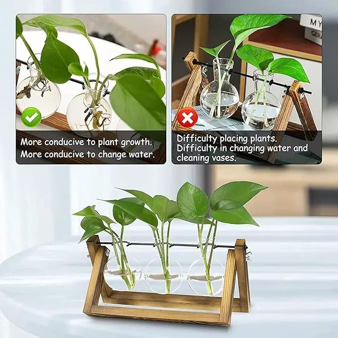 Kingbuy Desktop Glass Planter Iron and Wooden Stand Plant Terrariums for Indoor Office Desk Decor Accessories, 3 Bulb Vases, Brown by GreenHaven Gardens
