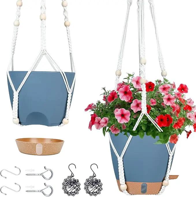 Hanging Planters for Indoor Plants 8 Inch, 2 Pack Hanging Baskets for Plants, Self Watering Hanging Flower Pots with Drainage Hole & 2 Kinds of Plant Hangers for Garden Home Decor (Navy Blue, 8 inch) by GreenHaven Gardens