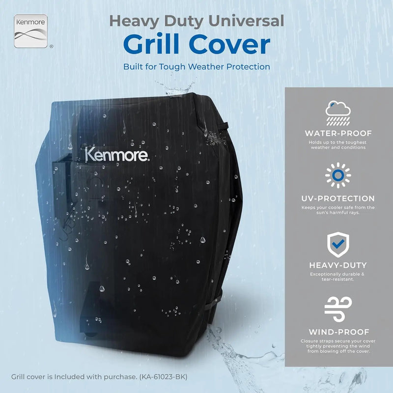 Kenmore 3-Burner Propane BBQ Grill, 30,000 BTUs Gas Grill with Cast Iron Cooking Grates, Folding Side Tables & Wheels, Outdoor Grill with Tool Hooks, Azure Blue + Bonus Cover by GreenHaven Gardens