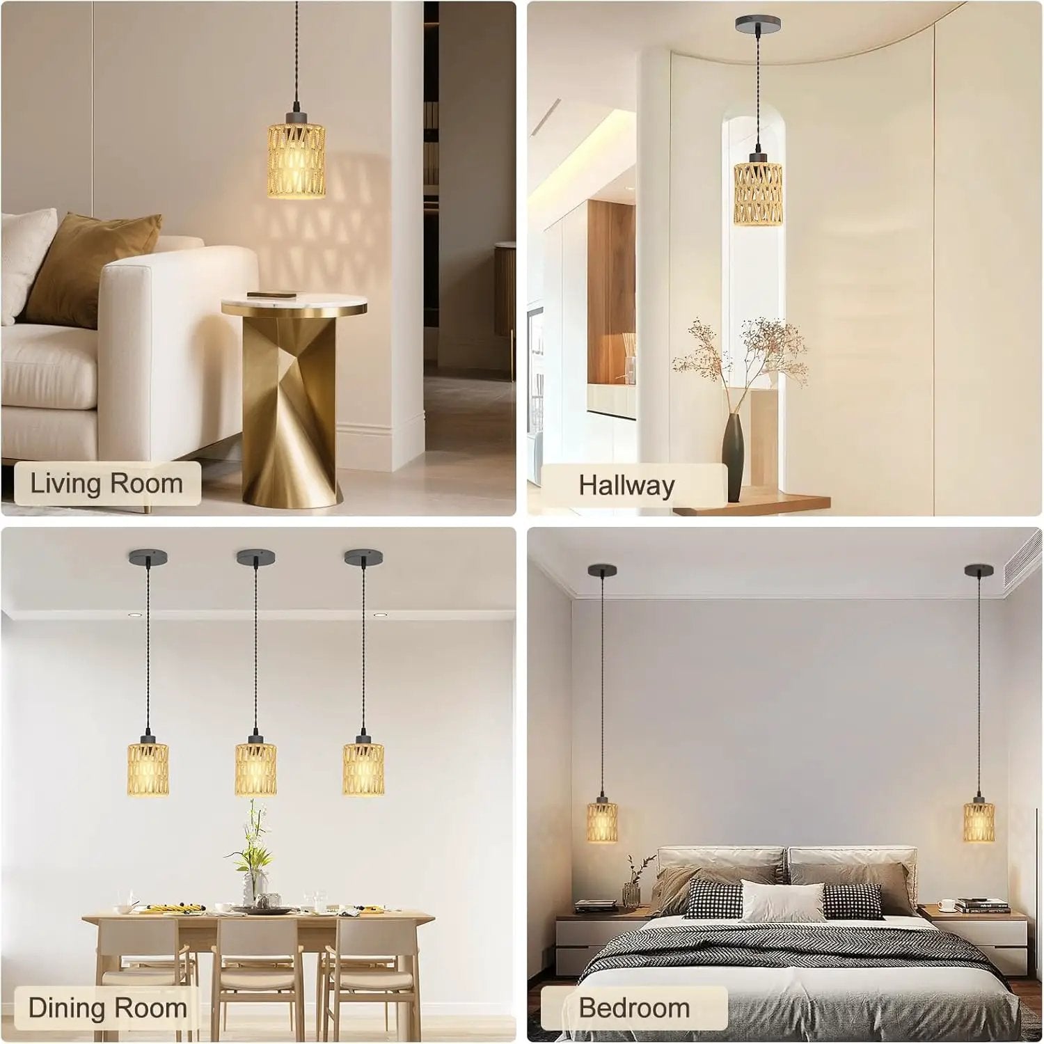 3Packs Boho Rustic Hemp Rope Pendant Light Hand-Woven Rattan Cage Basket Coastal Light Fixture Farmhouse Wicker Hanging Lighting for Kitchen Island Dining Room Bedroom by GreenHaven Gardens