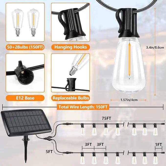 150FT Solar String Lights for Outside, Solar Powered Patio Lights with 52 Shatterproof ST38 Edison Bulbs & Remote Control,Dimmable LED Solar String Lights for Outside Waterproof by GreenHaven Gardens