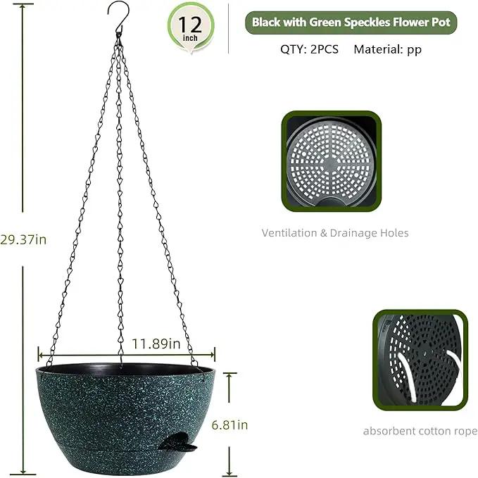 12 Inch Hanging Baskets 2 PC with Chains, Self-Watering Hanging Planters for Indoor Outdoor Plants, Plastic Hanging Flower Pots, Black with Green Speckles by GreenHaven Gardens