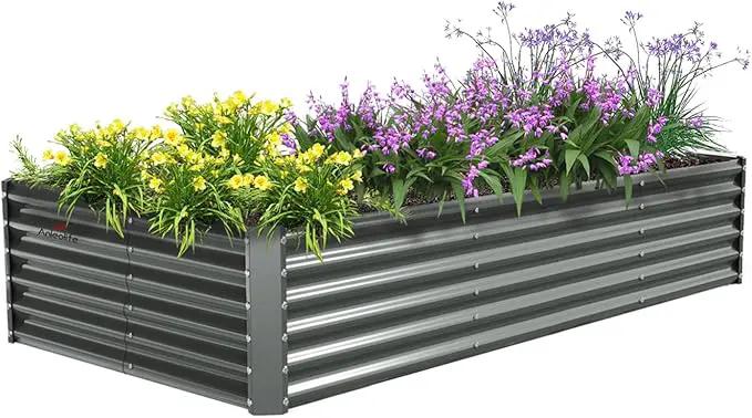 A ANLEOLIFE 8X4X1.5 ft Galvanized Raised Garden Beds Outdoor, Rectangular Metal Planter Box for Planting Vegetables Flowers Herb, Anti-Rust & Easy-Setup, Quartz Grey by GreenHaven Gardens