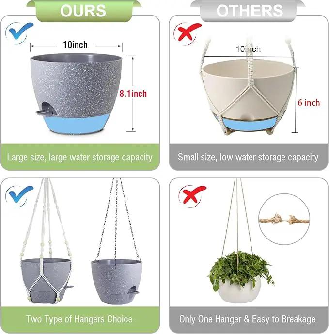 Self Watering Hanging Planters 10 inch, 2 Pack Hanging Flower Pots for Indoor Outdoor Plants, Hanging Baskets with Drainage Holes & 2 Kinds of Plant Hangers for Garden Decor, Speckled Grey by GreenHaven Gardens