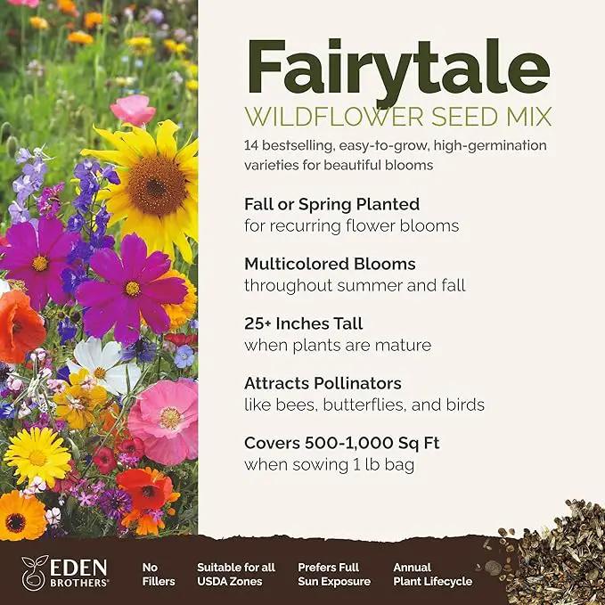 Eden Brothers Fairytale Flower Mixed Seeds for Planting, 1 lb, 480,000+ Seeds with Calendula, Cosmos Dazzler, Cornflower | Attracts Pollinators, Plant in Spring or Fall, Zones 3, 4, 5, 6, 7, 8, 9, 10 by GreenHaven Gardens