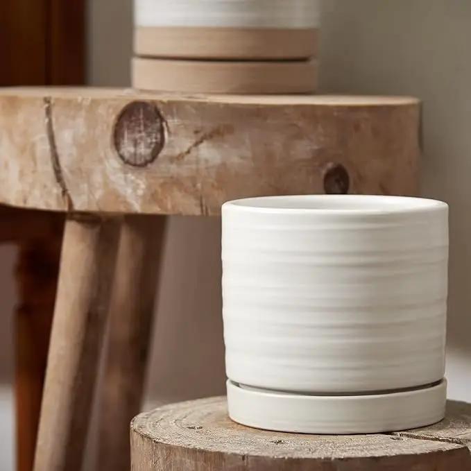 6 Inch Plant Pots, Ceramic Planter Pot with Drainage Hole & Saucer, Indoor/Outdoor Cylinder Round Planter Pot, Matte White by GreenHaven Gardens