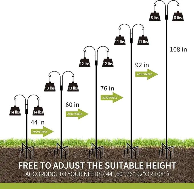 XDW-GIFTS Double Shepherds Hooks for Outdoor, 2-Pack Heavy Duty Garden Pole for Hanging Bird Feeder, Plant Baskets, Solar Light Lanterns, Garden Plant Hanger Stands with 5 Base Prongs