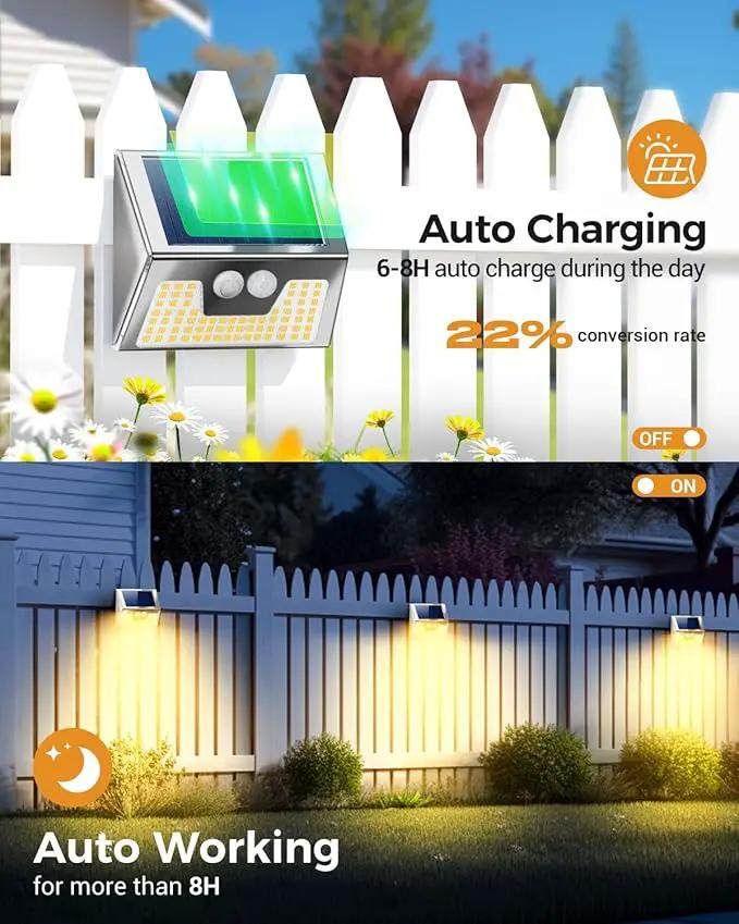 4 Pack Solar Lights Outdoor Motion Sensor, Waterproof Fence Lights 3 Lighting Mode, Warm White LED Outside Light Wireless for Fence Wall Yard Steps Stairs Garden -Stainless Steel by GreenHaven Gardens