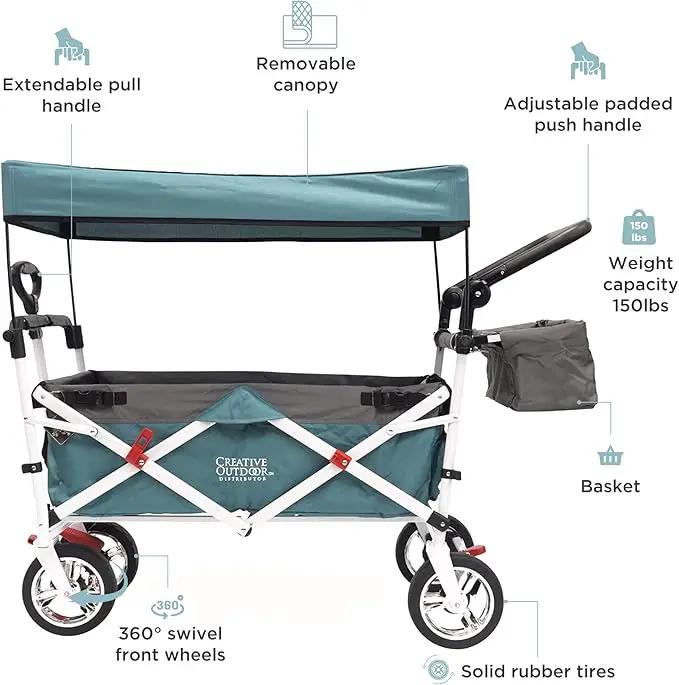 Creative Outdoor Wagon for Kids Push Pull Collapsible Stroller Folding Cart | Silver Series | Beach Park Garden & Tailgate | Teal by GreenHaven Gardens