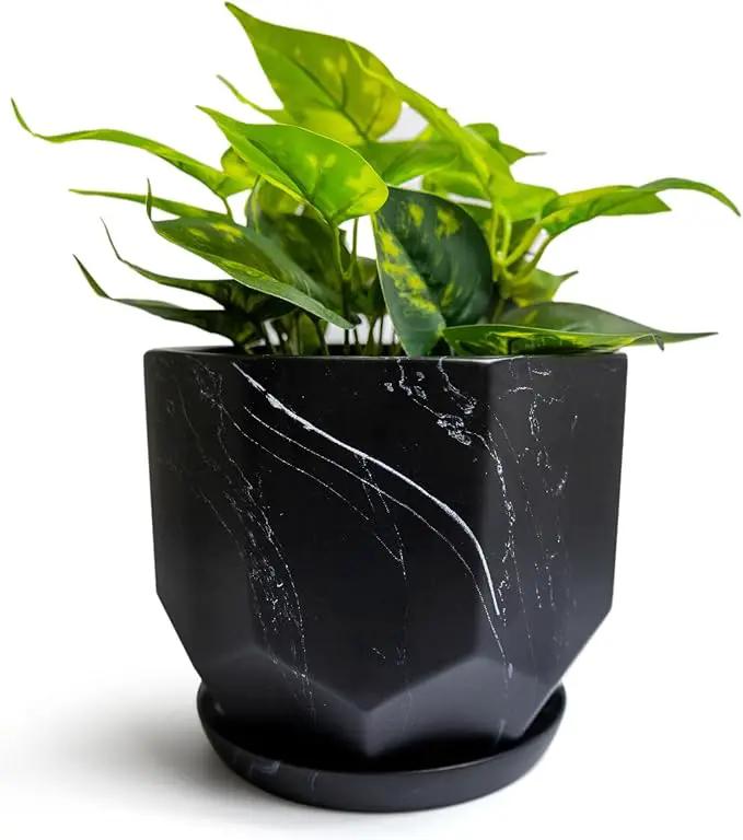 Large Marble Black Plant Pot with Drainage Holes and Saucers, Ceramic Pots for Indoor Outdoor Plants, 7 Inch Premium Hand Glazed Planters for Flower, Garden, Succulent, Nursery, Home Decor by GreenHaven Gardens