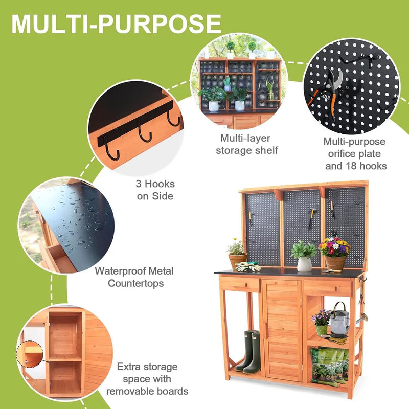 Outdoor Potting Bench,Wooden Potting Table with Metal Tabletop,Garden Work Bench with Drawer and Free Matching Storage Cabinet Shelf/Hooks for Backyard,Patio,Greenhouse (Black, 40 * 59 * 20in) by GreenHaven Gardens