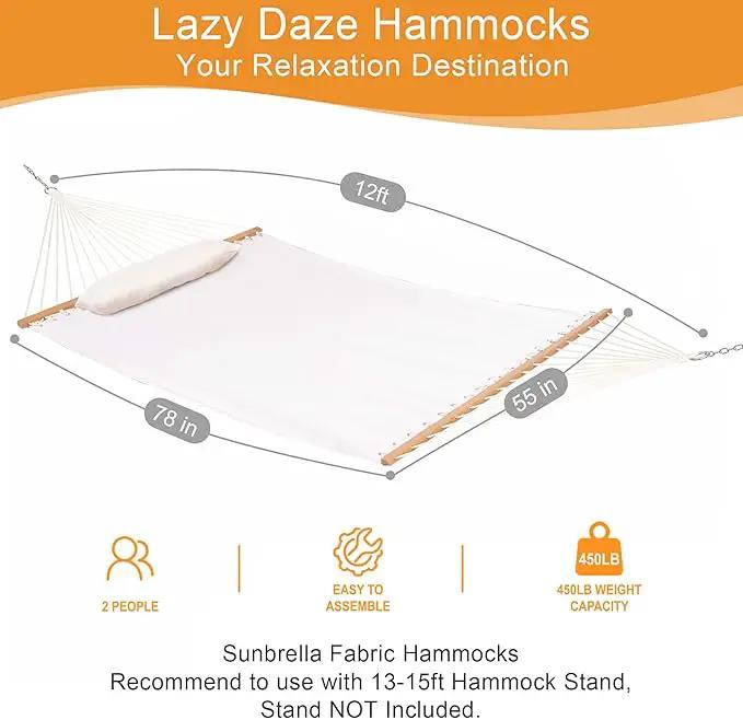 Lazy Daze 12 FT Sunbrella Fabric Hammock not Fading with Spreader Bars and Free Pillow Fits for Two Persons, All Weather and Fade Resistant for Patio Yard, 450 lbs Weight Capacity,Cast Pumice by GreenHaven Gardens