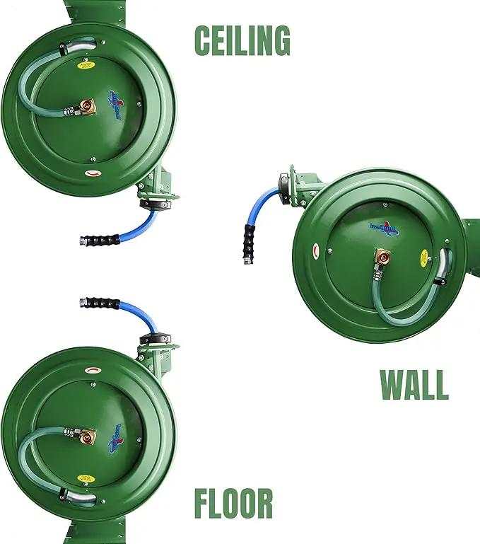 Auto Retractable Water Hose Reel with Hot & Cold Water Rubber Garden Hose, Spray Nozzle - Ultra Light, Super Strong with 6' Lead-in Hose (5/8” x 50’ Green) by GreenHaven Gardens