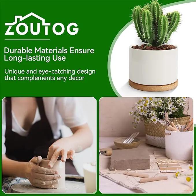 ZOUTOG Succulent Planter, White Mini 3.15 inch Ceramic Flower Planter Pot with Bamboo Tray, Pack of 4 - Plants Not Included by GreenHaven Gardens