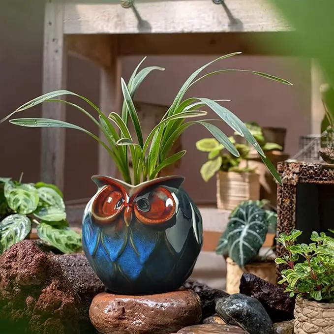 GeLive Blue Owl Ceramic Succulent Planter with Drainage Hole Animal Plant Pot Tabletop Decoration Vase Window Box Indoor Outdoor Decor (Blue) by GreenHaven Gardens