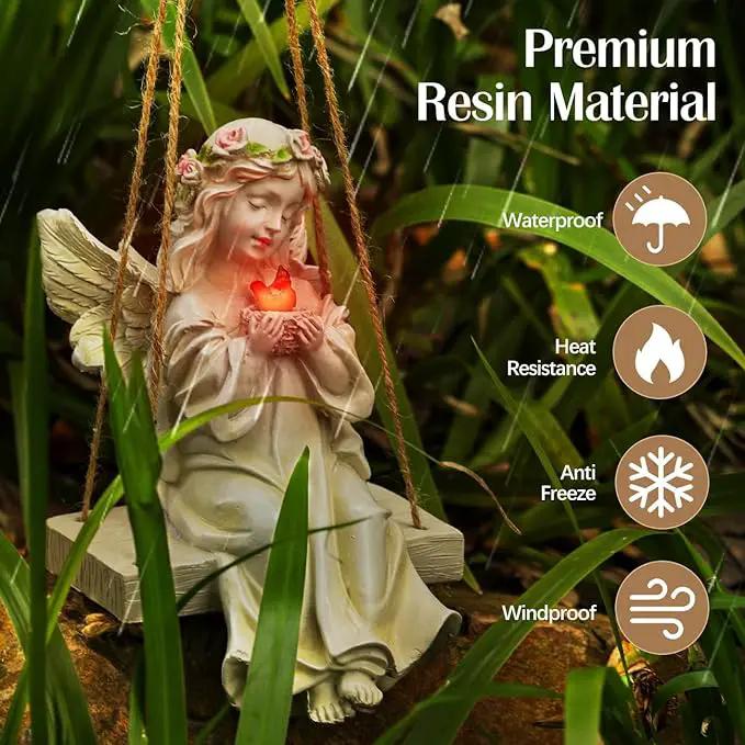 Angel Garden Statue,Fairy Solar Garden Decor with Warm Light,Waterproof Angel Statue with Swing & Holding Bird,Outdoor Garden Decor for Lawn Yard Patio Windowsill Garden Gifts, Apricot by GreenHaven Gardens