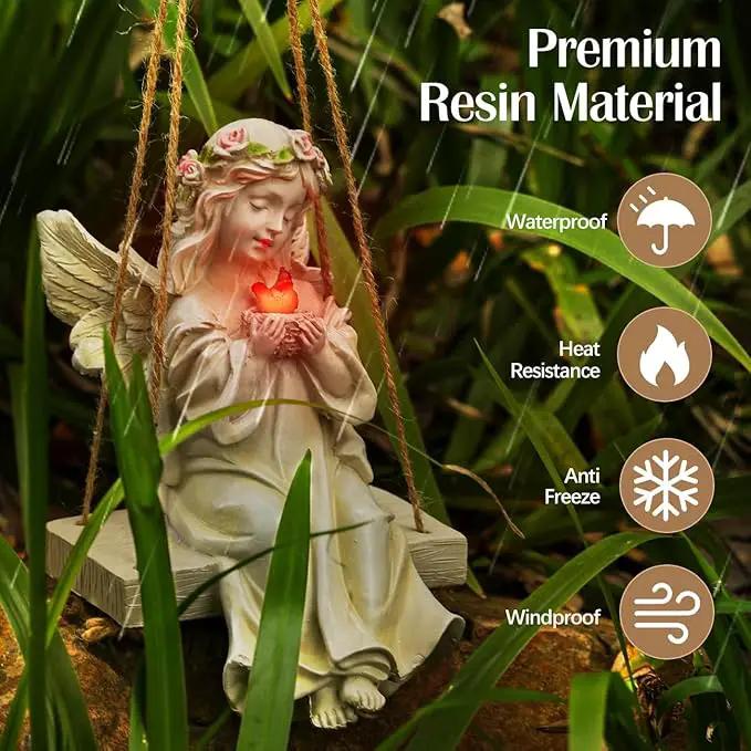 Angel Garden Statue,Fairy Solar Garden Decor with Warm Light,Waterproof Angel Statue with Swing & Holding Bird,Outdoor Garden Decor for Lawn Yard Patio Windowsill Garden Gifts, Apricot by GreenHaven Gardens