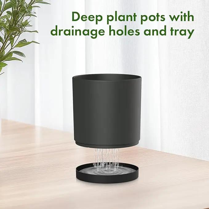 8/7/6 inch Plant Pots, 3 Set Cylinder Flower Pots for Outdoor Indoor Plants, Decorative Plastic Planters with Drainage Holes and Saucers for Garden House Plants, Black by GreenHaven Gardens