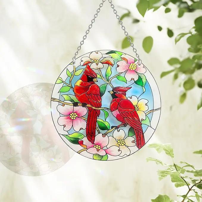 Cardinal Suncatcher Stained Glass, Cardinal Gifts for Women, Stained Glass Window Hanging - Red Birds Suncatchers for Windows, American Glass Hanging, Hand Painted Glass for Birds Lover (6inch) by GreenHaven Gardens