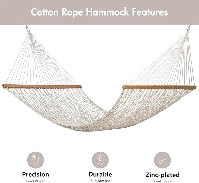 ANOW Rope Hammock Double Hammock with Hardwood Spreader Bar and Carrying Bag, 450 LBS Weight Capacity for Two Person, Natural by GreenHaven Gardens