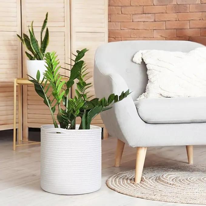 Cotton Rope Plant Basket, Woven Basket Planter for 10 inch Pot, Round Indoor Tree Pot Cover, Small Storage Bin Organizer, Basket for Plants and Home Decor, 11”X11”, White by GreenHaven Gardens
