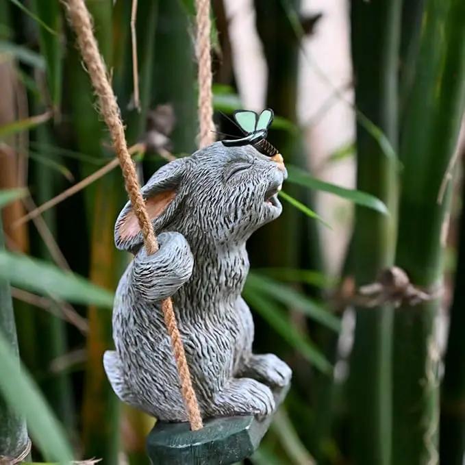 OwMell Garden Rabbit Statues, Cute Swing Bunny with Butterfly Statue Decoration for Yard Hanging Outdoor, Tree Ornaments Figurine for Stump Branch Lawn Patio Decor by GreenHaven Gardens