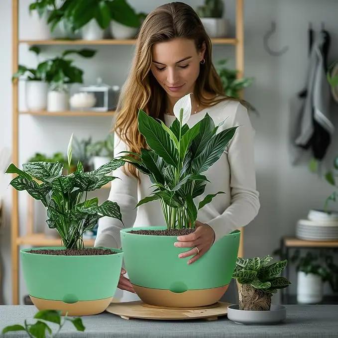 8/10/12 Inch Pots for Indoor Plants, Large Self Watering Planters with Drainage and Saucers, Plastic Outdoor Flower Pot, Set of 3, Green by GreenHaven Gardens