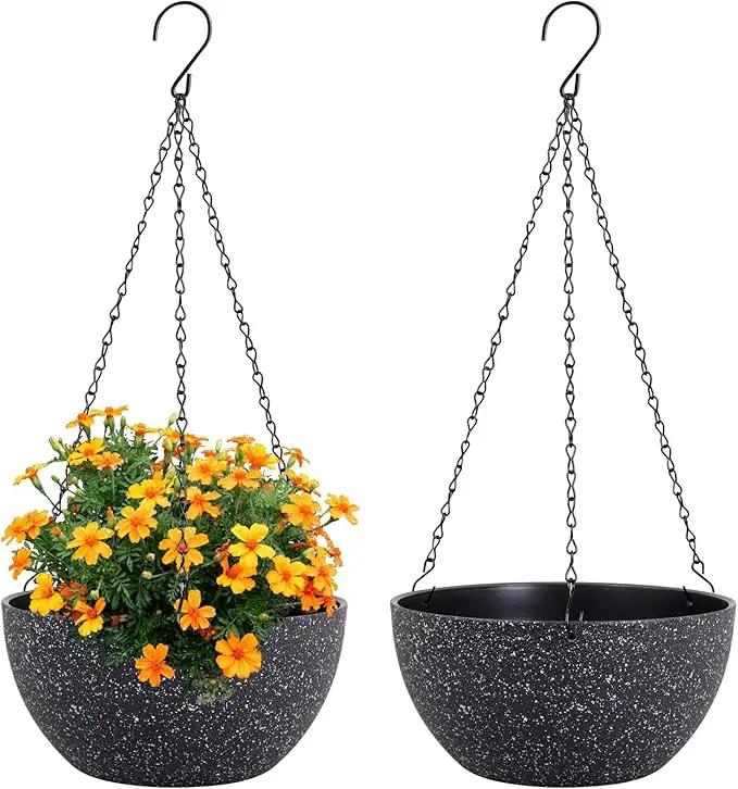 10 inch Hanging Planters for Indoor Outdoor Plants, 2 Pack Hanging Flower Plant Pots with Drainage Holes and Chain for Garden Porch, Plastic Hanging Baskets for House Plants, Speckled Black by GreenHaven Gardens