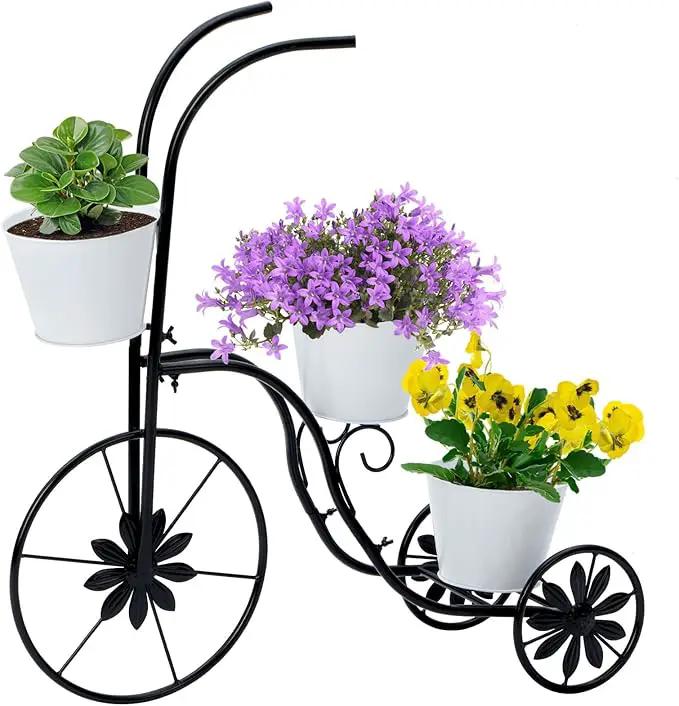 BAYN Bicycle Planter Stand, Metal Flower Pot Cart Holder Tricycle Planter with 3 Plant Bucket Outdoor Decorative for Patio, Deck, Garden or Lawn by GreenHaven Gardens
