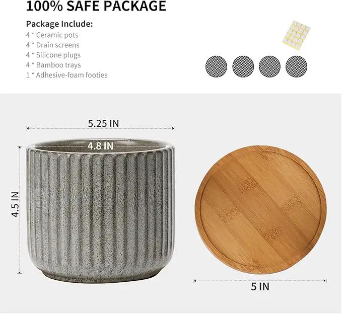 TAMAYKIM 5.25 Inch Ceramic Plant Pots with Drainage Holes and Saucers, Modern Flower Pots with Trays for Indoor Planters, Snake Plant, Succulent, Cactus and Herbs, Set of 4 by GreenHaven Gardens