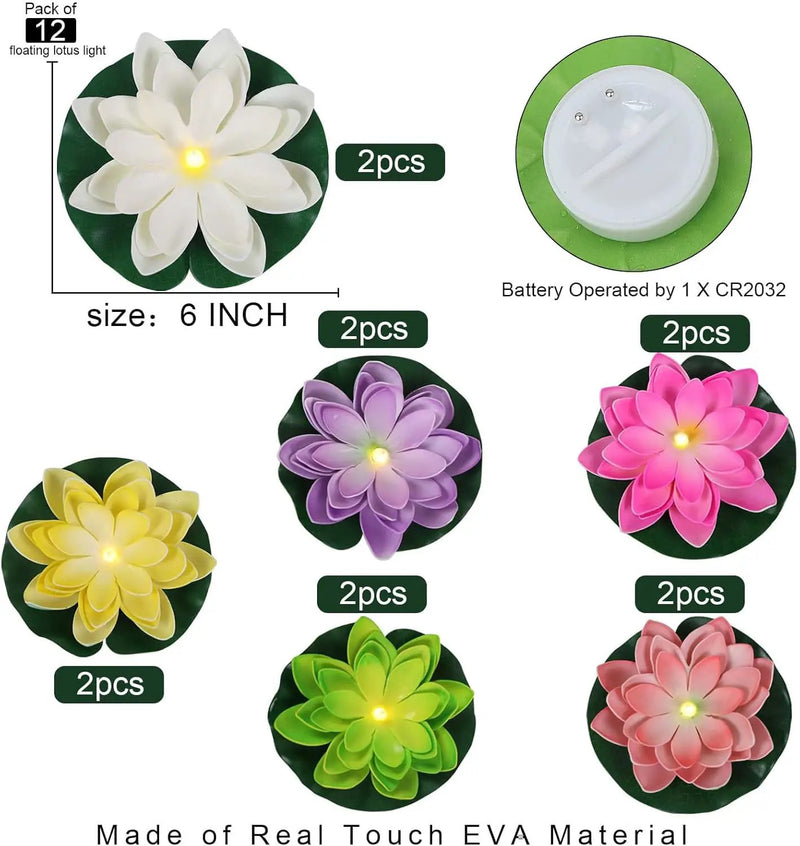 12 PCS Waterproof Floating Lotus Light - Diwali Floating Flower Light Battery Operated Water Activated Warm White Light Pool Flower Lamp Wedding,Anniversary,Garden Decoration(6 Inch, Mix-Color) by GreenHaven Gardens