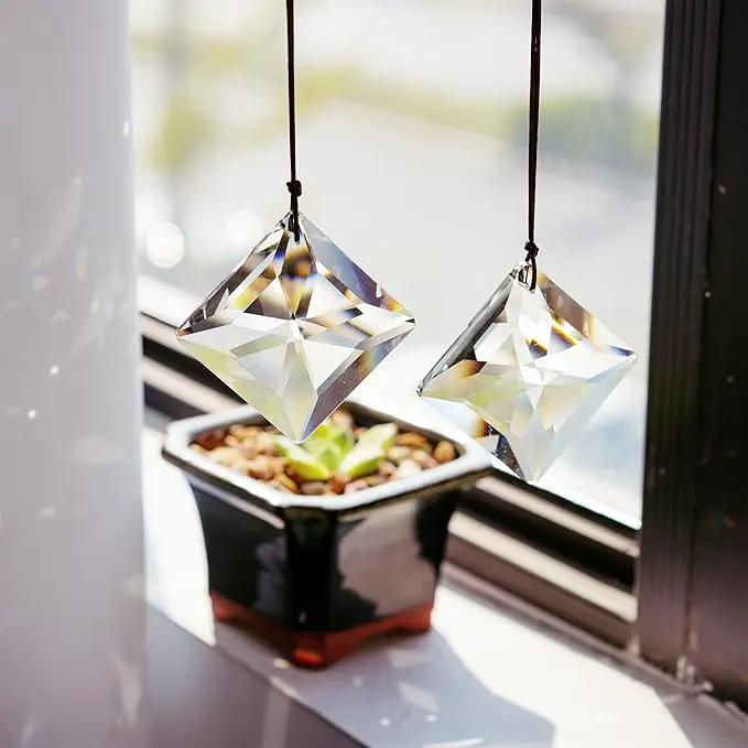 HDCRYSTALGIFTS Set 2,50mm Hanging Faceted Crystals Suncatcher Ornament Window Prisms Rainbow Maker Chandelier Crystal Pendant(Square) by GreenHaven Gardens