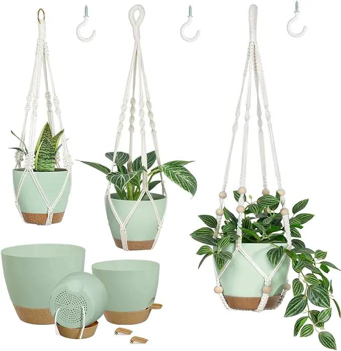 Self Watering Hanging Planters for Indoor Plants 3 Pack Macrame Plant Hangers with Drainage Holes Pots and Hooks for Home Garden Decor Green by GreenHaven Gardens