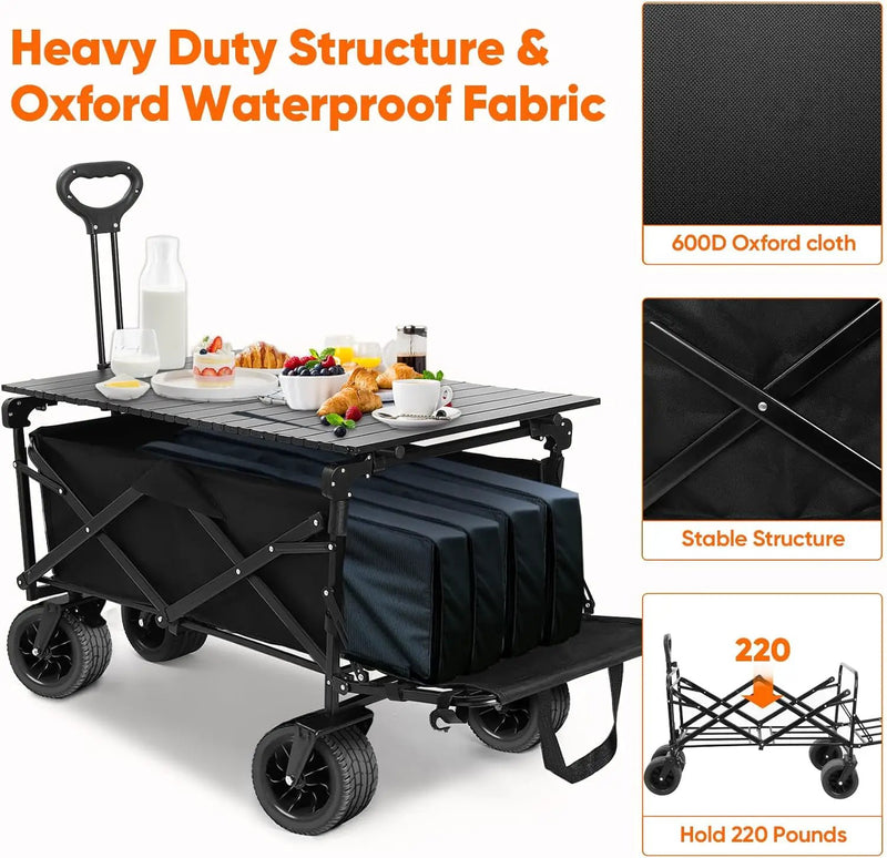 Collapsible Wagon with Table and Canopy, Large Capacity Wagons Carts, Beach Wagon with Big Wheels, Heavy Duty Beach Car Utility Wagon for Outdoor Park, Shopping, Sports, Camping, Garden by GreenHaven Gardens