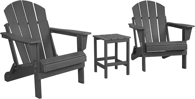 WO Home Furniture Adirondack Chairs Table Set of 3 PCS Outdoor Folding Chairs Side End Table Weather/UV Resistant for Lawn, Garden, Bon Fire, Balcony (Grey) by GreenHaven Gardens