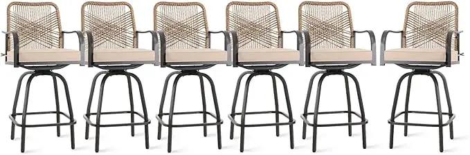 Outdoor Bar Stools Set of 6, Patio Swivel Counter Height Rattan Bar Stools, Patio Wicker Bar Swivel Chairs with Cushion, Outdoor Pool Bar Chairs for Backyard Garden Balcony w /360 Rotation by GreenHaven Gardens