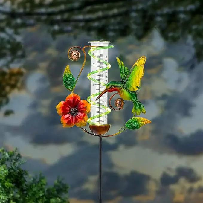 LEWIS&WAYNE 36.3” Hummingbird Rain Gauge Outdoor, 7” Glass Tube Solar Powered 10 Warm White LEDs Garden Metal Stakes Decorative Waterproof for Yard Garden Patio Lawn by GreenHaven Gardens