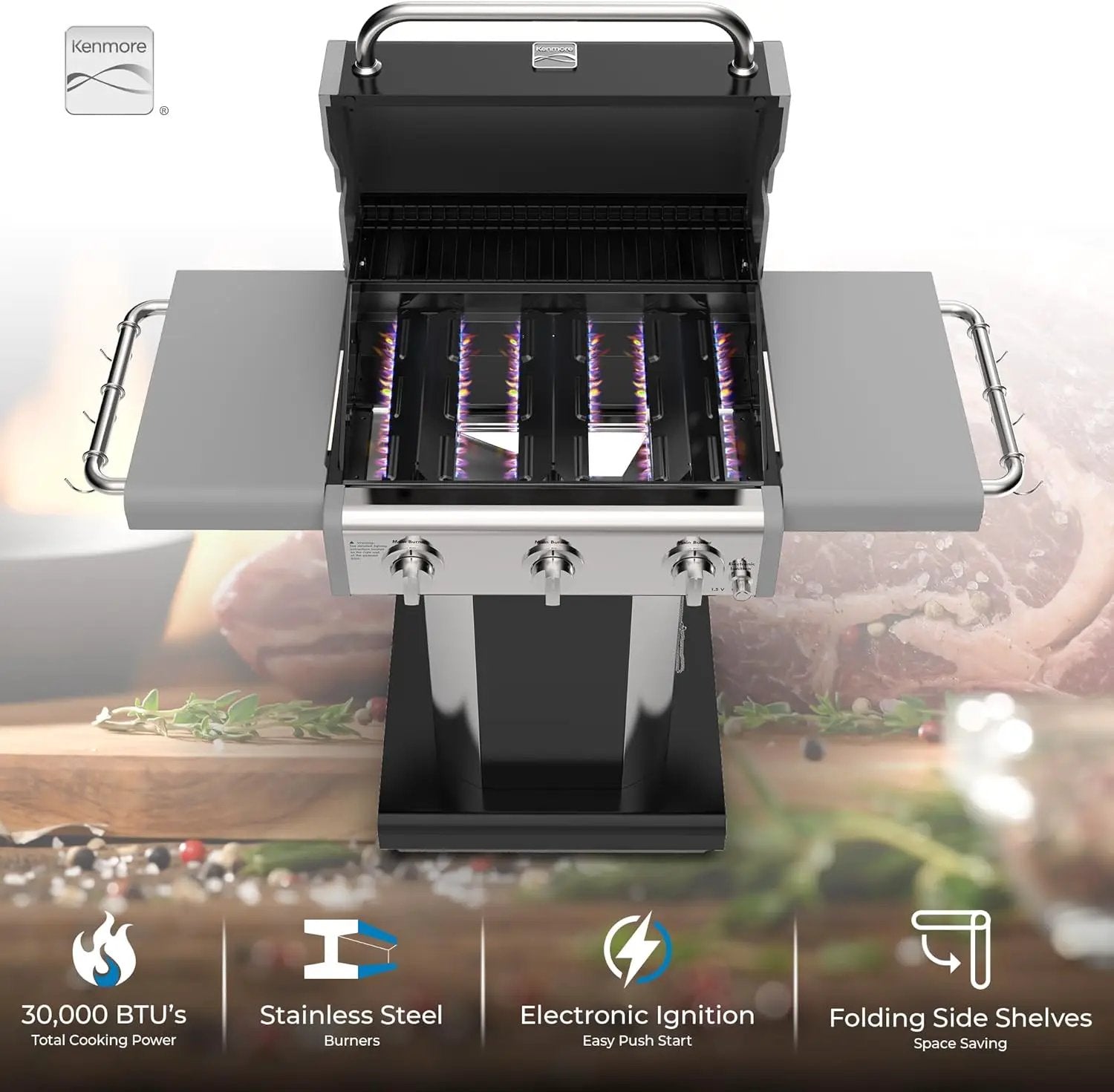 Kenmore 3-Burner Propane BBQ Grill, 30,000 BTUs Gas Grill with Cast Iron Cooking Grates, Folding Side Tables & Wheels, Outdoor Grill with Tool Hooks, Black by GreenHaven Gardens