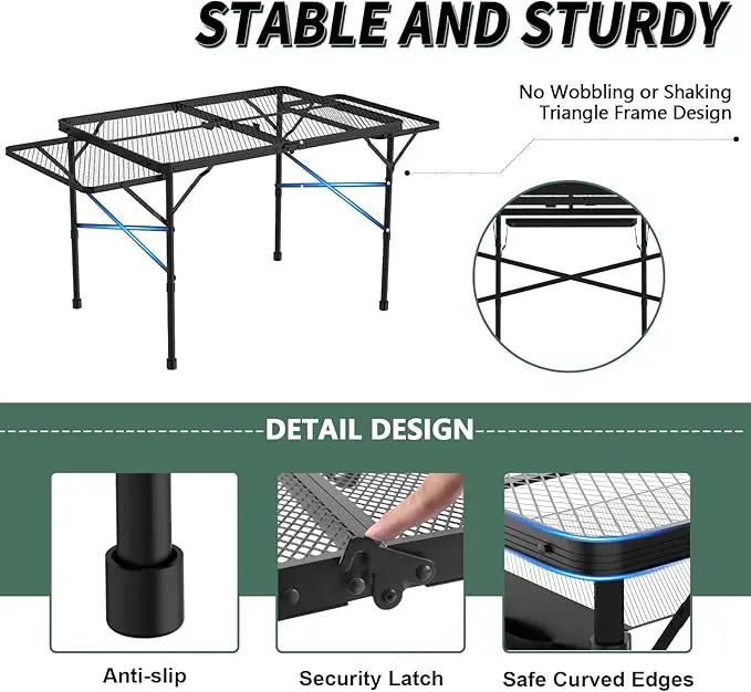 Folding Table with 2 Wing Panels, 3x2 FT Camping Table with Mesh Desktop,Height Adjustable Folding Grill Table with Mesh Bag,Portable Outdoor Table for Picnic,Camping,BBQ,Beach(Black) by GreenHaven Gardens